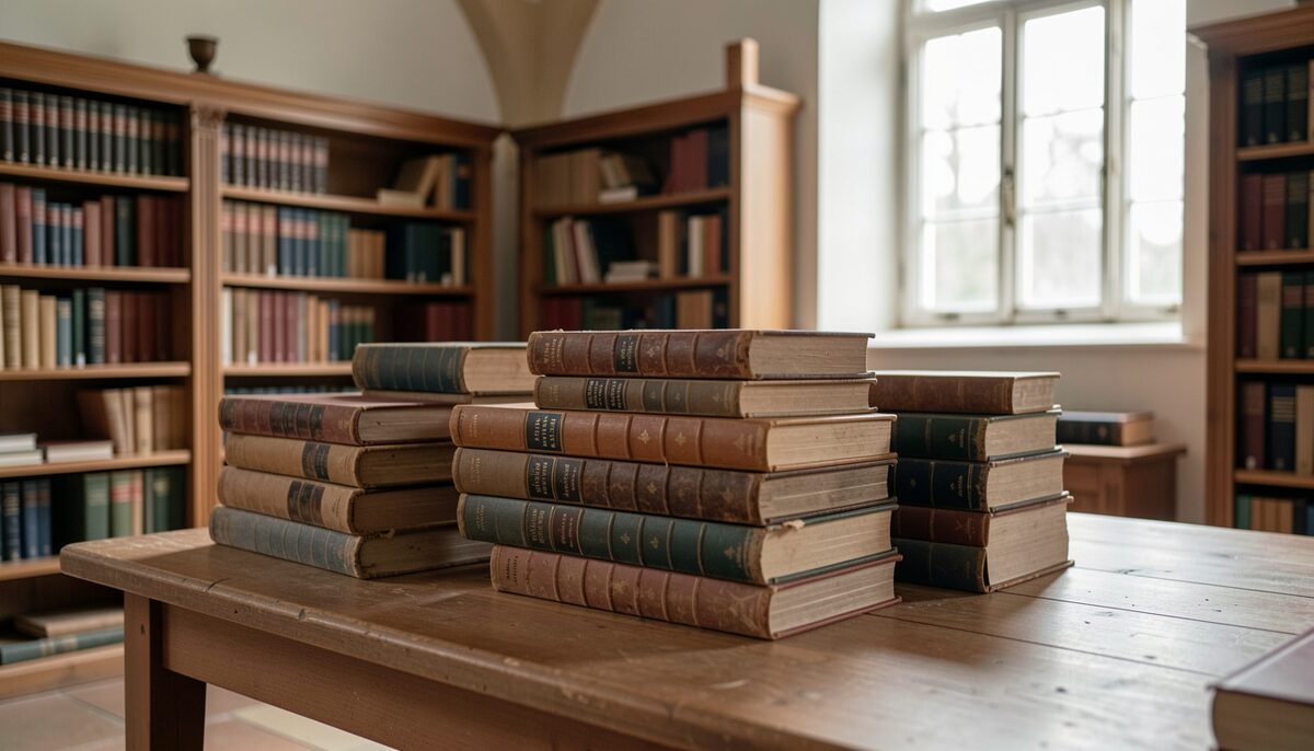 Old bound archive volumes stacked on a wooden table in a quiet church archive with soft window light.